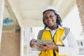 Portrait smart success black women worker african female work in construction industry happy smile in construction site