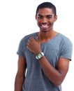Portrait, smartwatch and black man with smile, screen and model isolated on a white studio background. Face, African Royalty Free Stock Photo