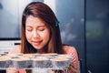 Portrait smelling beautiful woman owner bakery shop Royalty Free Stock Photo