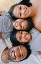 Portrait, smile and above asian family in bed, relax and having fun while bonding in their home. Top view, love and face Royalty Free Stock Photo