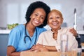 Portrait, smile and assisted living caregiver with an old woman in a retirement home together. Healthcare, support or