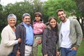 Portrait, smile and big family in nature outdoor for bonding, relationship and holding hands at backyard. Face, park and Royalty Free Stock Photo