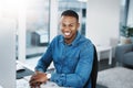 Portrait, smile and black man by computer in office, workspace and desk happy in creative career. Happiness, internship Royalty Free Stock Photo