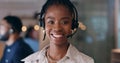 Portrait, smile and black woman at call center on headphones for crm support on bokeh at night. Face, happy sales agent