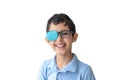 Portrait of smile boy in glasses with patch. Eye patch for glasses t treat lazy eye, amblyopia, strabismus. Royalty Free Stock Photo