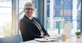 Portrait, smile and business man, ceo or professional in office working on laptop. Glasses, senior face and male Royalty Free Stock Photo