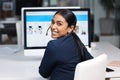 Portrait, smile and business woman in call center for customer service, help desk or technical support. Face, contact us Royalty Free Stock Photo