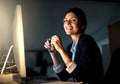 Portrait, smile and businesswoman employee at night or glasses and pc in an office. Corporate, dark and female worker or