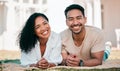 Portrait, smile and couple on picnic blanket outdoor, bonding and relax together in backyard garden at home. Face Royalty Free Stock Photo