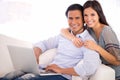 Portrait, smile and happy couple on couch with laptop for internet, browse and search on movie subscription. Relax Royalty Free Stock Photo