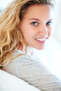 Portrait, smile and natural beauty of woman in home for dermatology or cosmetic. Face, happy blonde girl and skincare of Royalty Free Stock Photo