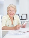 Portrait, smile and old woman with budget documents, savings and taxes in home. Financial planning, face and retirement Royalty Free Stock Photo