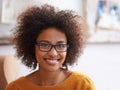 Portrait, smile and relax woman in home lounge, happy and eyewear for natural lady. Head, confidence and glasses with Royalty Free Stock Photo