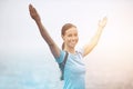 Portrait, smile and stretching with runner woman outdoor in mountains for morning cardio training. Exercise, health and Royalty Free Stock Photo