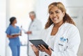 Portrait smile, woman and doctor with tablet for research, telehealth or healthcare in hospital. Technology, medical Royalty Free Stock Photo