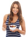 Portrait, smile and woman with fruit salad in bowl for diet, healthy body or nutrition. Face, food or happy person Royalty Free Stock Photo