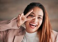 Portrait, smile and woman with peace sign, excited and happiness with joy, carefree and cheerful. Face, female and happy