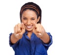 Portrait smile, woman and pointing at you, choice or decision for promotion winner, selection or choosing volunteer Royalty Free Stock Photo