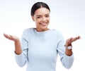 Portrait, smile and woman shrugging in studio for decision, unsure and deciding against white background. Face, emoji