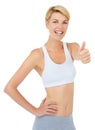 Portrait, smile and woman with thumbs up for fitness with emoji isolated on a white studio background. Exercise, excited Royalty Free Stock Photo