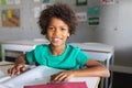 Portrait of smiling african american elementary schoolboy with curly hair studying at desk in class