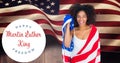 Portrait Of Smiling African American Woman Wrapped In Usa Flag By Martin Luther King Jr Day