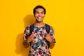 Portrait of smiling american student friendly positive guy with piercing wearing t shirt with rucksack isolated on Royalty Free Stock Photo