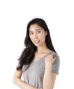 Portrait of a smiling Asian business woman looking at camera isolated over white background. Happy Young Asian Woman with blank co Royalty Free Stock Photo