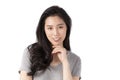 Portrait of a smiling Asian business woman looking at camera isolated over white background. Happy Young Asian Woman with blank co