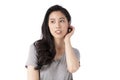 Portrait of a smiling Asian business woman looking at camera isolated over white background. Happy Young Asian Woman with blank co