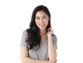 Portrait of a smiling Asian business woman looking at camera isolated over white background. Happy Young Asian Woman with blank co Royalty Free Stock Photo