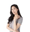 Portrait of a smiling Asian business woman looking at camera isolated over white background. Happy Young Asian Woman with blank co Royalty Free Stock Photo