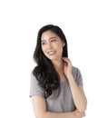 Portrait of a smiling Asian business woman looking at camera isolated over white background. Happy Young Asian Woman with blank co Royalty Free Stock Photo