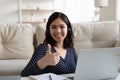 Portrait of smiling asian girl recommend distant studying Royalty Free Stock Photo