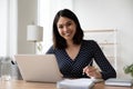 Portrait of smiling asian girl study online on computer Royalty Free Stock Photo