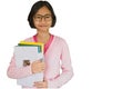 Portrait of a smiling asian girl wears glasses. holding books