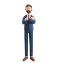 Portrait of smiling bearded businessman. 3D illustration of cartoon standing male character in suit with hands crossed.