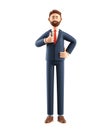 Portrait of smiling bearded businessman showing gesture cool. 3D illustration of cartoon standing man in suit with thumb up pose, Royalty Free Stock Photo