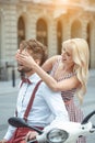 Portrait of smiling beautiful girl and her handsome boyfriend. Woman in casual summer . Happy cheerful family. Female Royalty Free Stock Photo