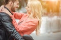 Portrait of smiling beautiful girl and her handsome boyfriend. Woman in casual summer jeans clothes. Happy cheerful family. Female