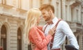 Portrait of smiling beautiful girl and her handsome boyfriend. Woman in casual summer jeans clothes. Happy cheerful family. Female