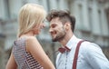 Portrait of smiling beautiful girl and her handsome boyfriend. Woman in casual summer . Happy cheerful family. Female Royalty Free Stock Photo