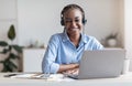 Portrait Of Smiling Black Woman Call Center Operator At Workplace In Office