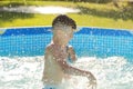 Portrait smiling boy is playing in swimming pool. Summer vacation or classes. Summertime and swimming activities for happy Royalty Free Stock Photo