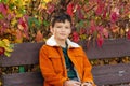 Portrait of a smiling boy sitting on a bench in the autumn park Royalty Free Stock Photo