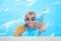 Portrait smiling boy in swimming pool, child in swimming glasses and inflatable sleeves. Summer travel hotel vacation or Royalty Free Stock Photo