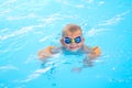 Portrait smiling boy in swimming pool, child in swimming glasses and inflatable sleeves. Summer travel hotel vacation or Royalty Free Stock Photo