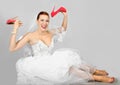 Portrait of smiling bride with red shoes