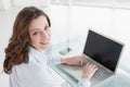 Portrait of smiling brown haired businesswoman using laptop Royalty Free Stock Photo