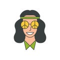Portrait smiling brunette hippie woman in sunglasses peace no war sign groovy vector flat